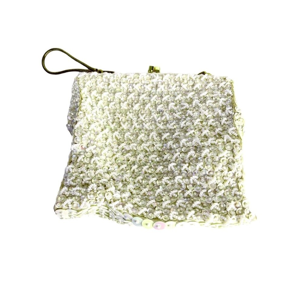 Women's Clutch Purse Beaded Sequin Snake Chain Vintage Hong Kong 6" x 6.5"